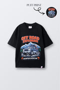 Black comfort T-shirt with puff-print truck and mountain adventure graphic