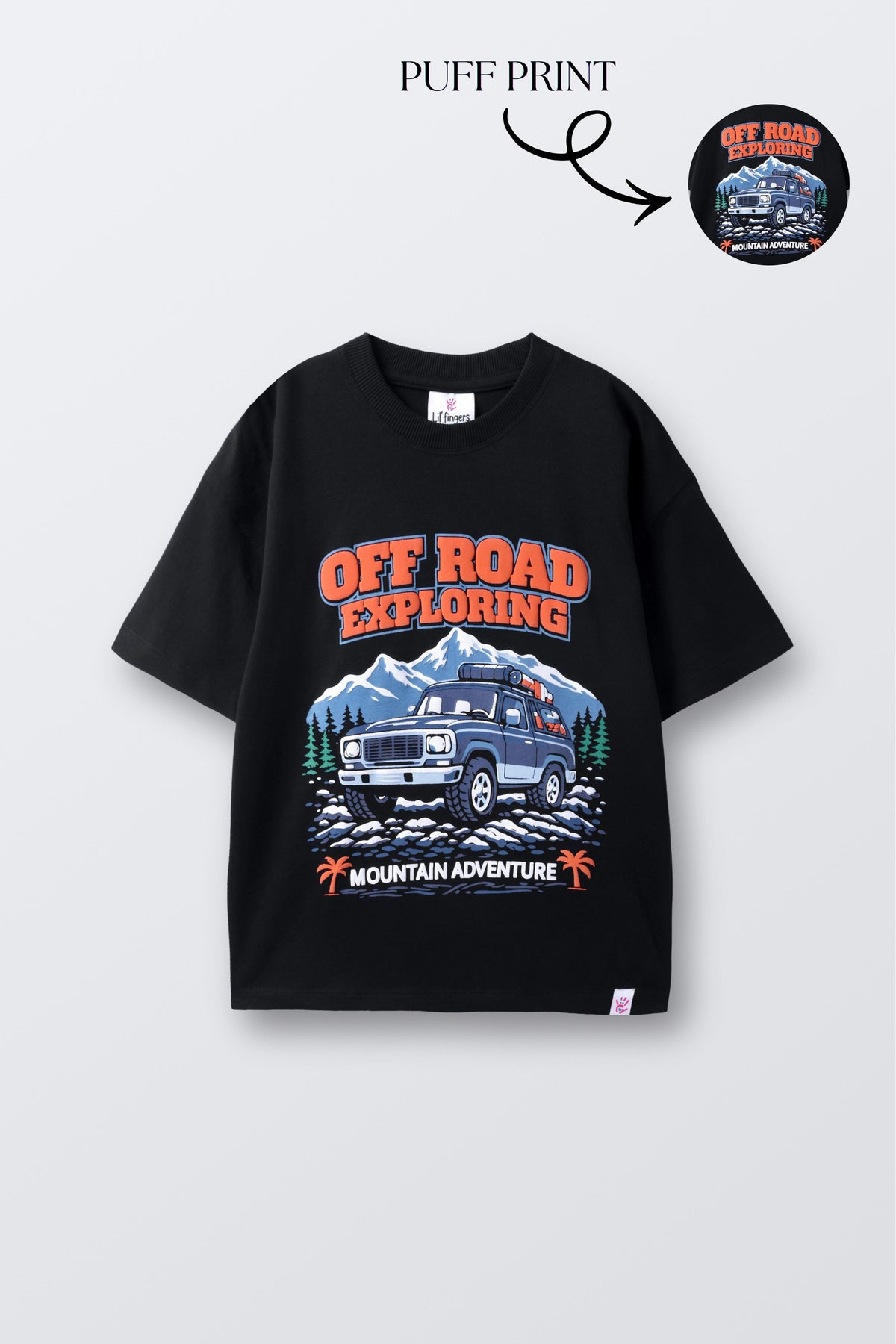 Black comfort T-shirt with puff-print truck and mountain adventure graphic