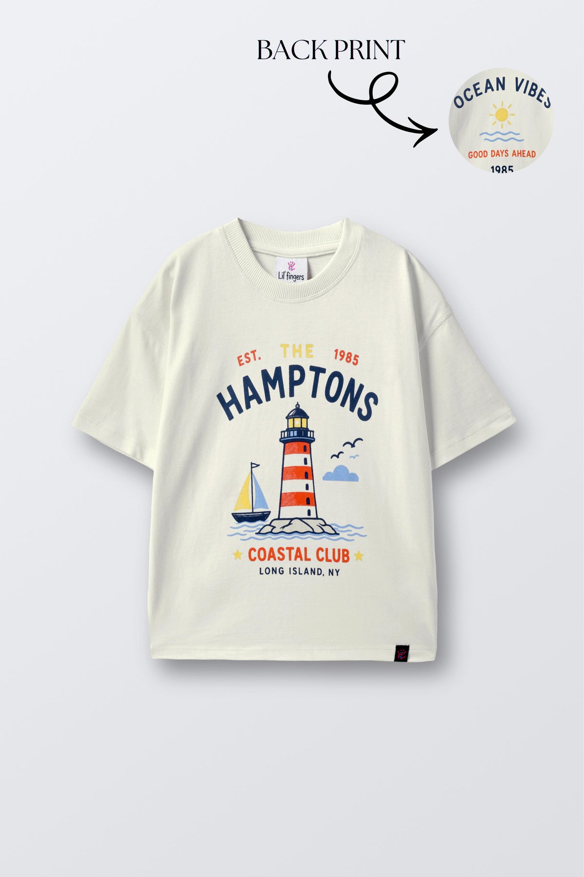 Off-white comfort tee with colorful lighthouse and 'Champions' front graphic