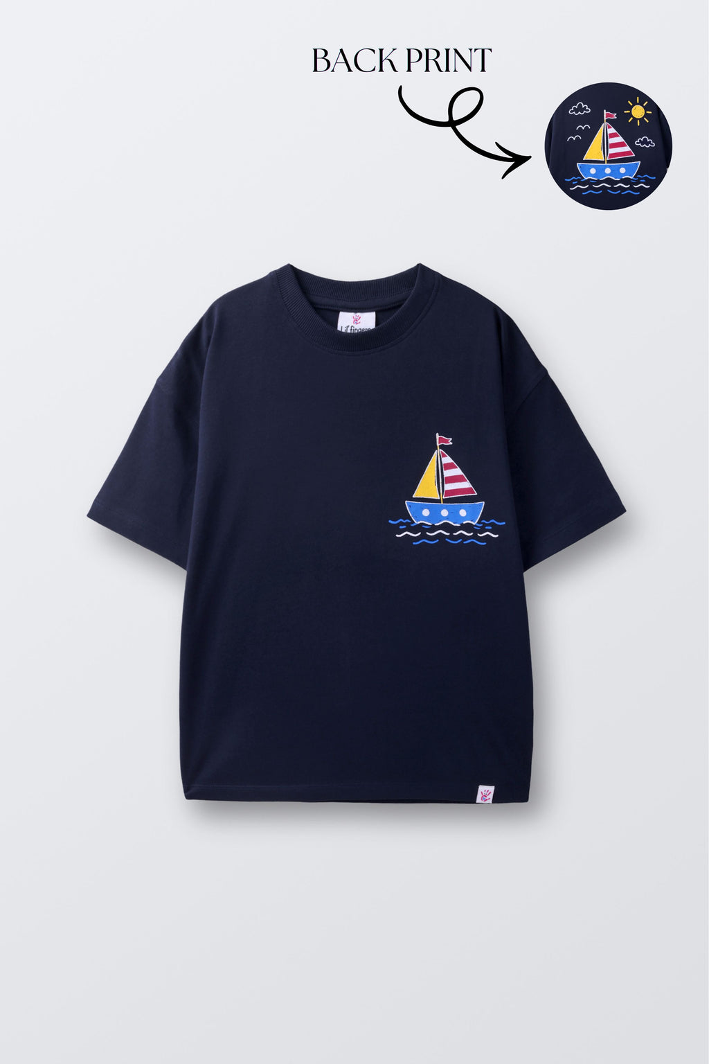 Navy comfort tee with sailboat crayon print on the chest