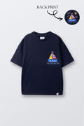 Navy comfort tee with sailboat crayon print on the chest
