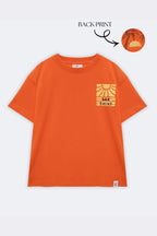 Orange kids' short-sleeve tee with front 'Sun Shine' sun graphic