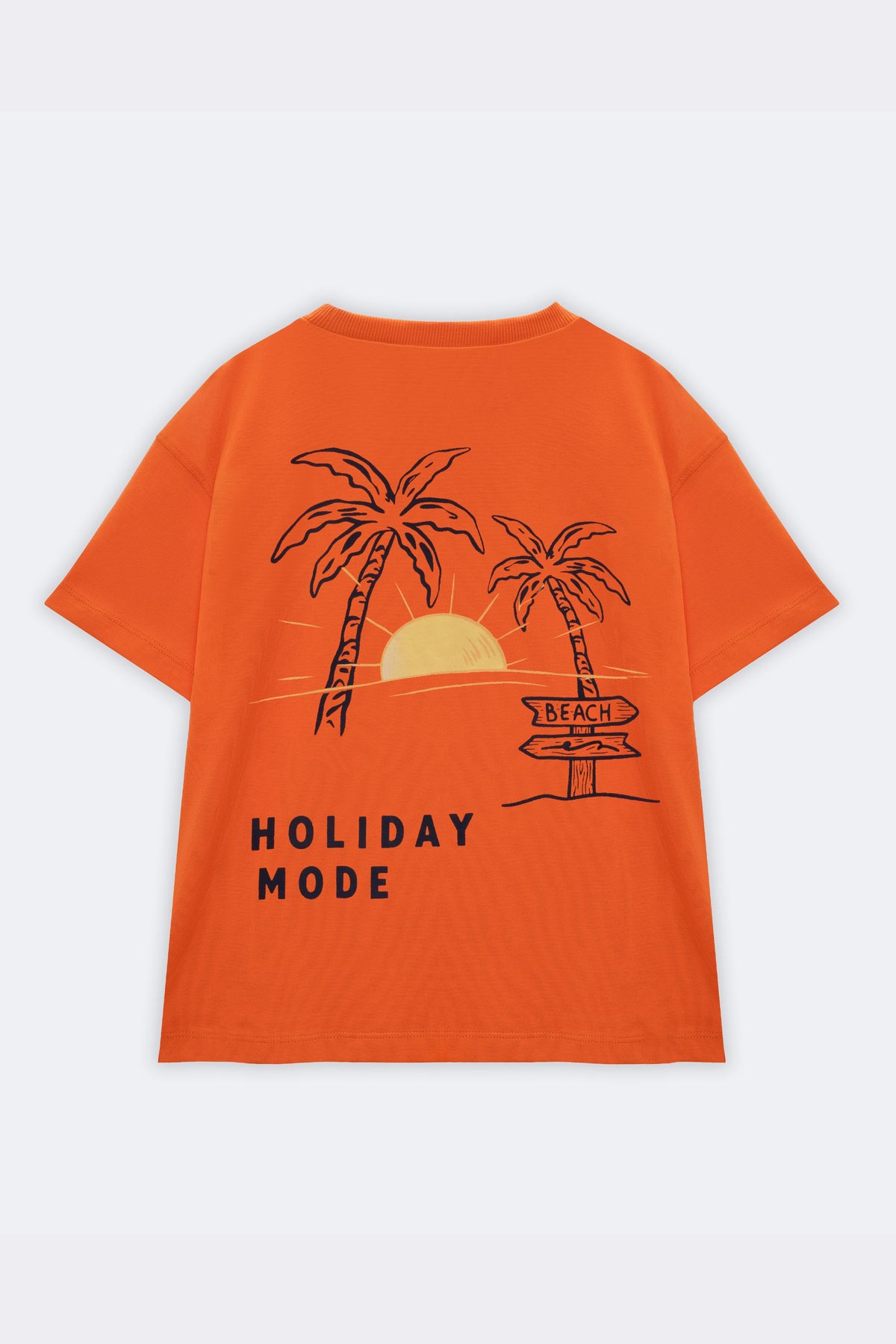 Orange kids' short-sleeve tee with 'Holiday Mode' beach palm tree back graphic