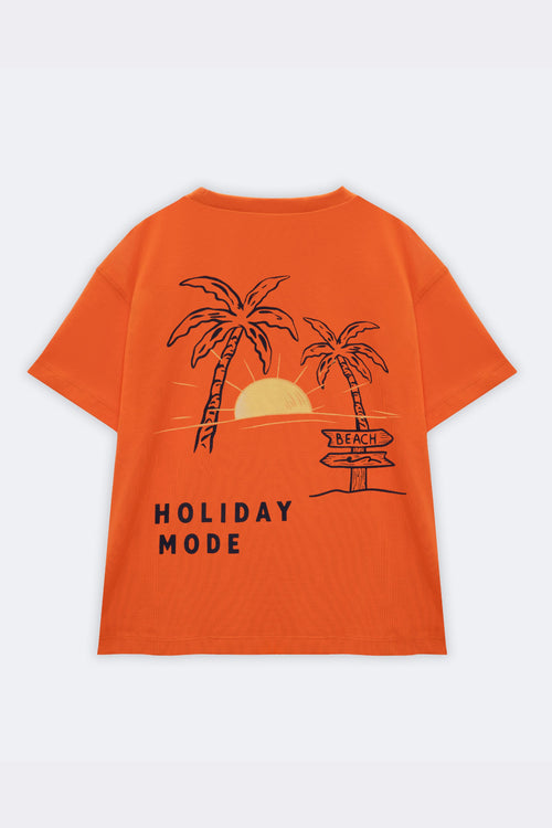Orange kids' short-sleeve tee with 'Holiday Mode' beach palm tree back graphic