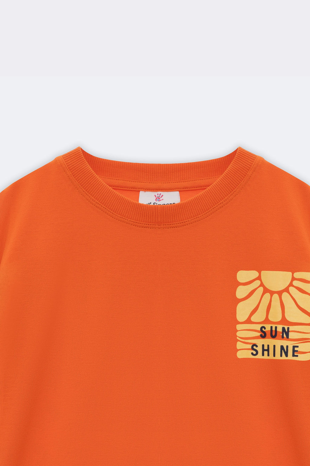 Orange kids' short-sleeve tee with crew neck and 'Sun Shine' chest graphic