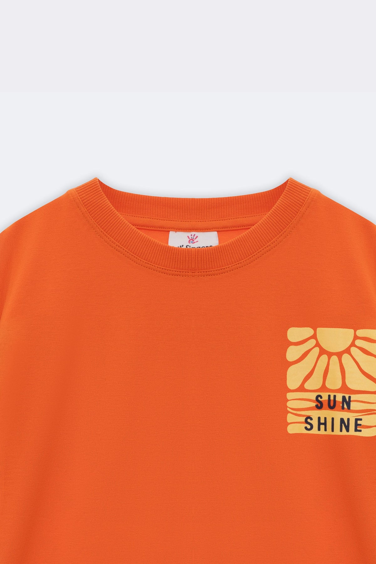 Orange kids' short-sleeve tee with crew neck and 'Sun Shine' chest graphic