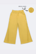 Yellow palazzo pants with slant pintuck detailing on both sides, elastic waistband