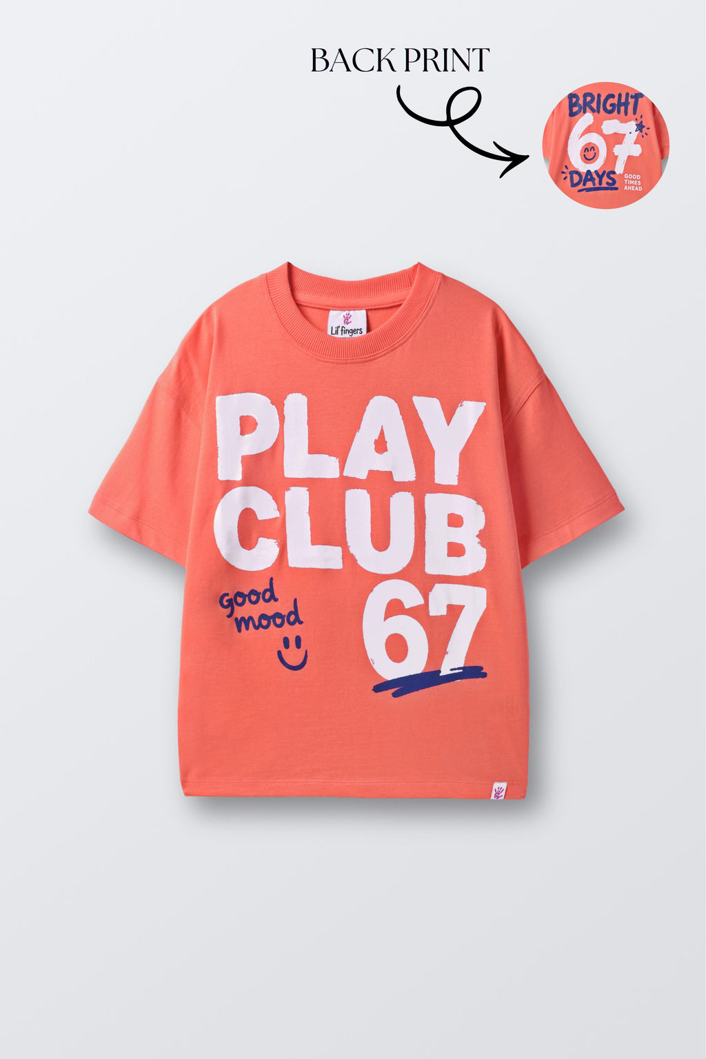 Coral graphic comfort tee with large “PLAY CLUB 67” front print