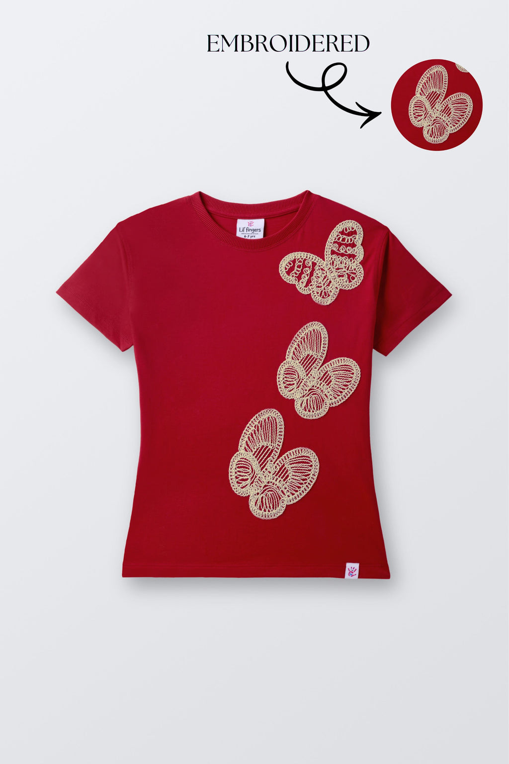 Red embroidered comfort tee with butterfly graphic on the chest