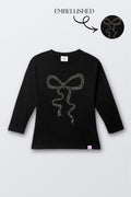 Black long-sleeve tee with hand-beaded infinity design on front
