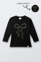 Black long-sleeve tee with hand-beaded infinity design on front