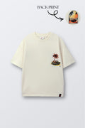 Off-white crew-neck short-sleeve T-shirt with beach palm and surfboard graphic