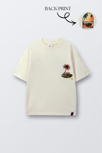 Off-white crew-neck short-sleeve T-shirt with beach palm and surfboard graphic