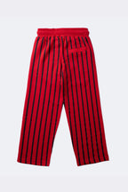 Red and black striped track pants with elastic waistband