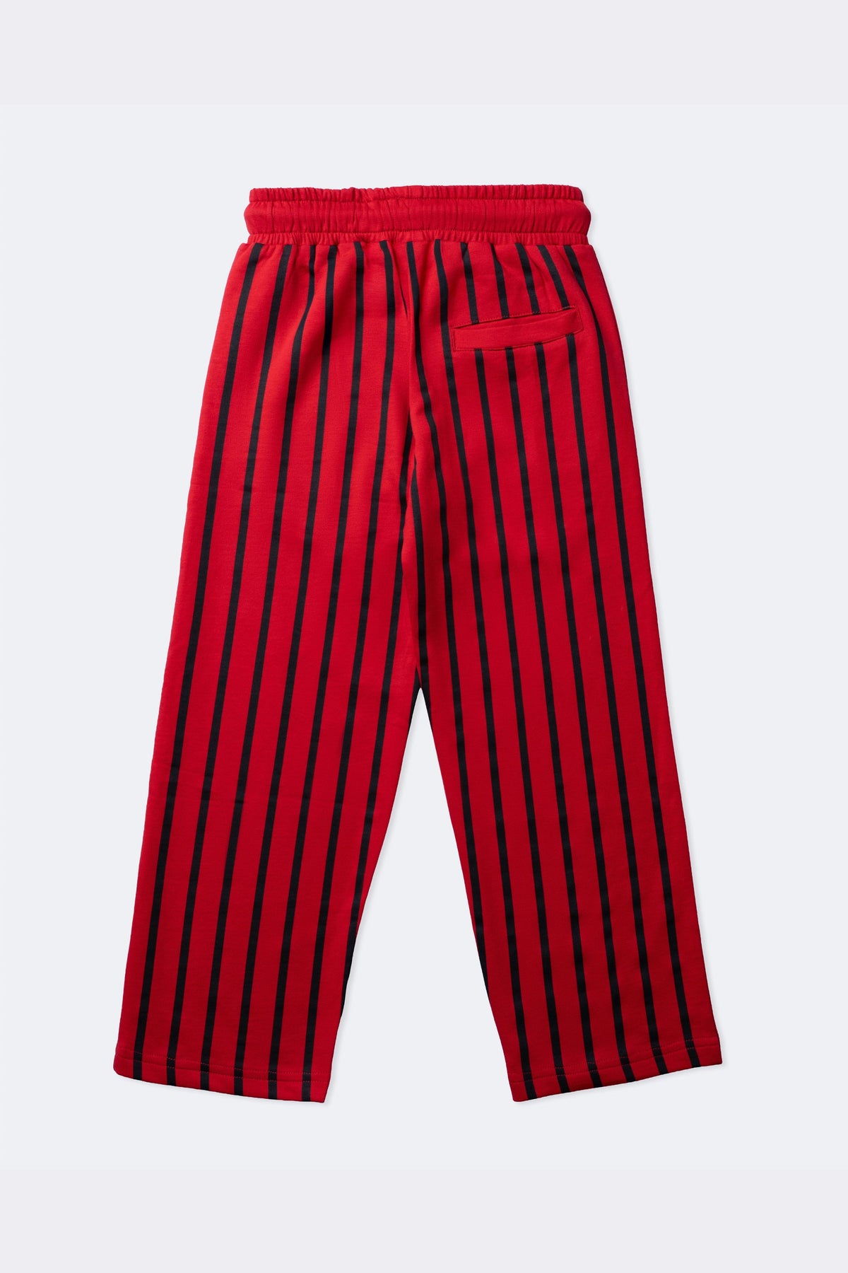 Red and black striped track pants with elastic waistband