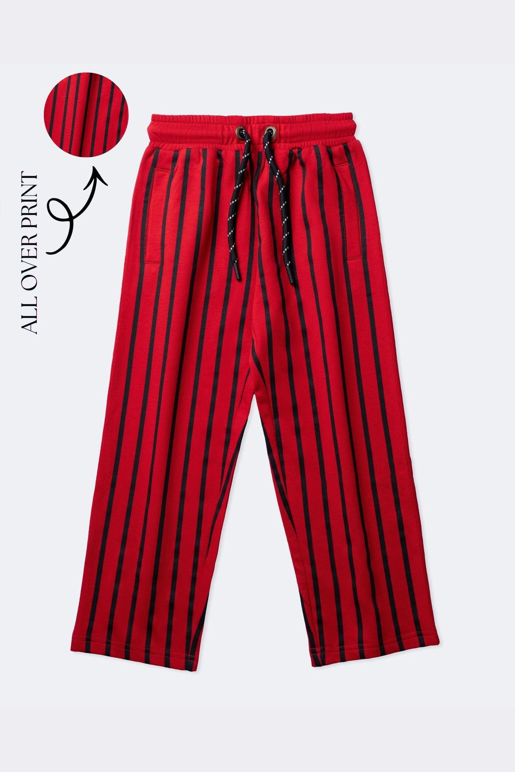 Red and black striped track pants with drawstring waist and side pockets