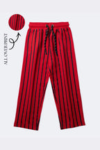 Red and black striped track pants with drawstring waist and side pockets