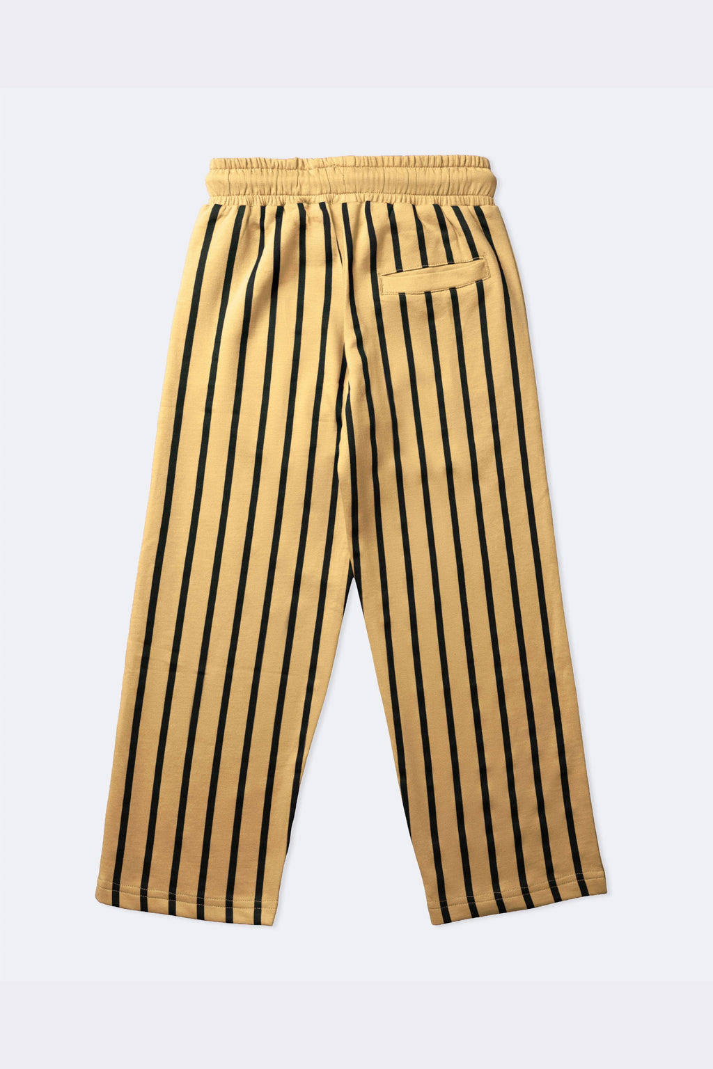 Sand and black vertical striped track pants, elastic waistband and side pockets