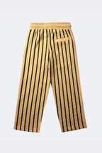 Sand and black vertical striped track pants, elastic waistband and side pockets