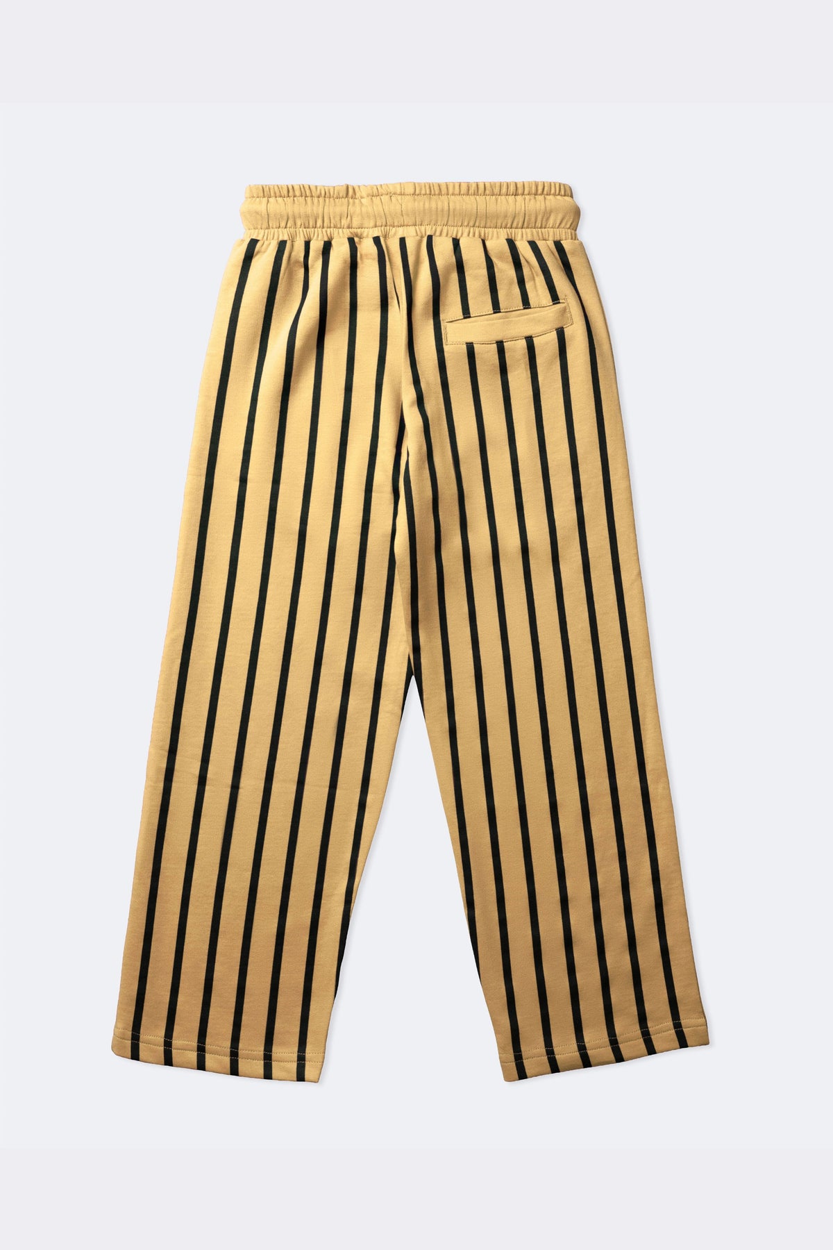 Sand and black vertical striped track pants, elastic waistband and side pockets