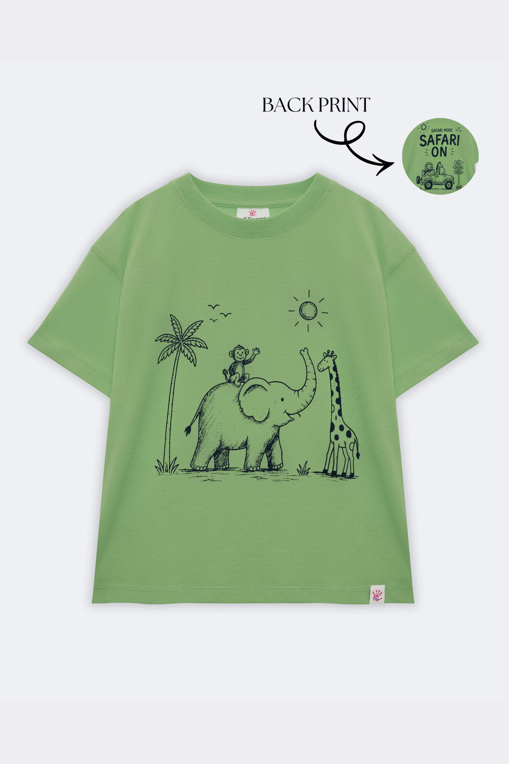 Lime green kids comfort tee with back jungle animal scene line-art