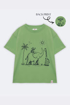 Lime green kids comfort tee with back jungle animal scene line-art