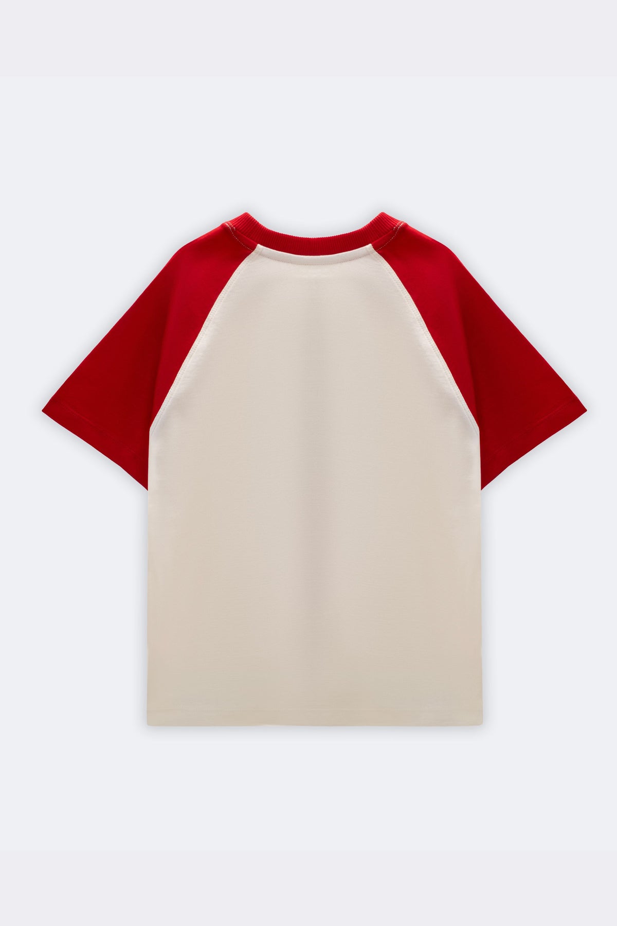 Plain cream raglan tee with red sleeves, no front graphic