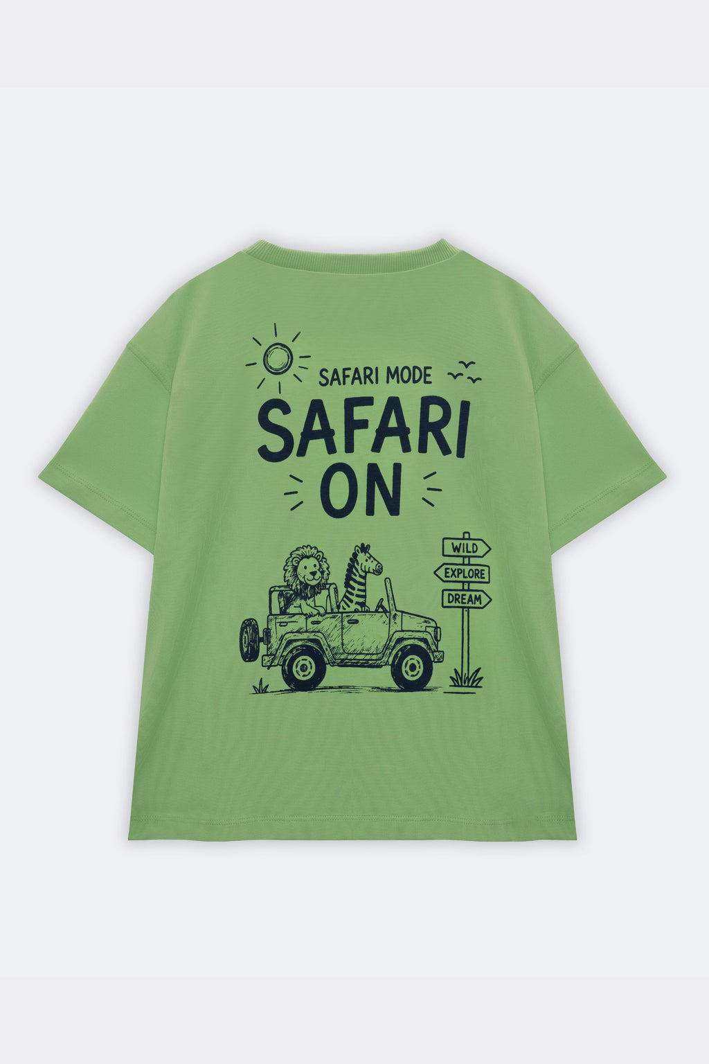 Lime green kids comfort tee with "SAFARI ON" and safari truck graphic