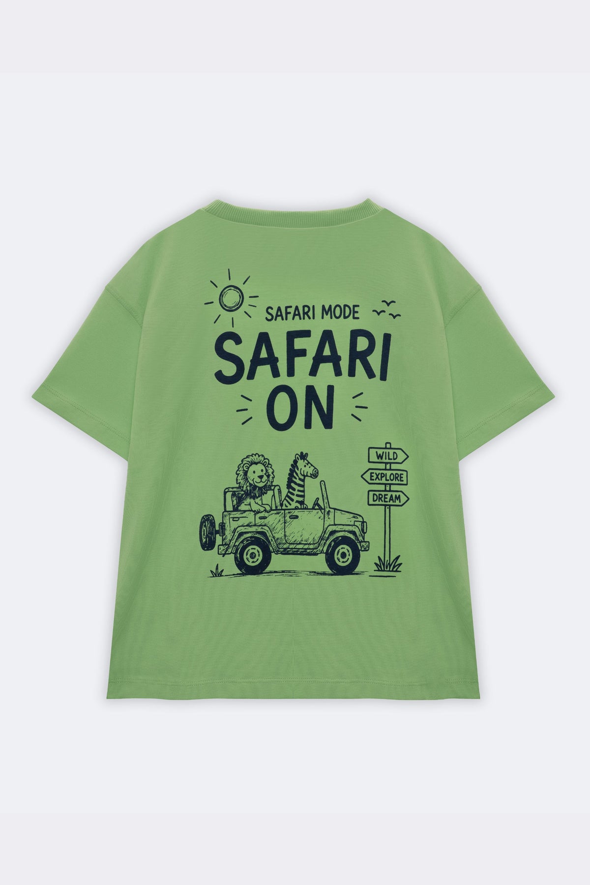 Lime green kids comfort tee with "SAFARI ON" and safari truck graphic