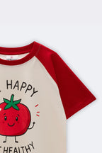 Cream raglan tee with red sleeves, partial tomato graphic on front