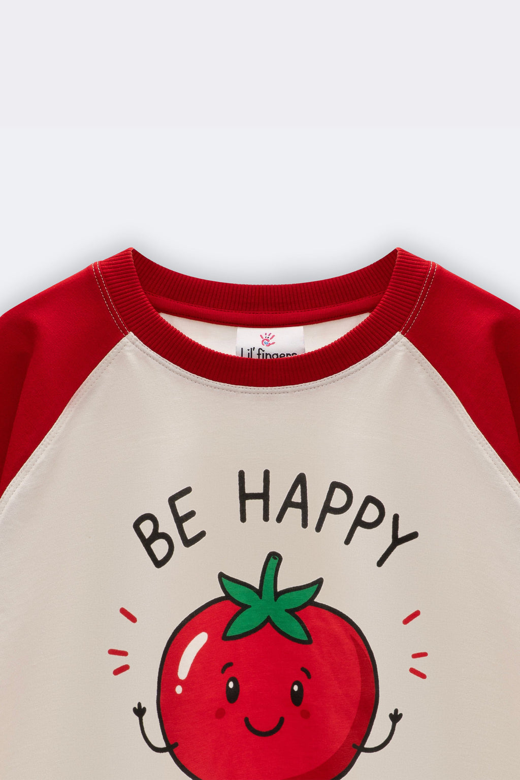 Cream raglan tee with red sleeves, tomato face and 'BE HAPPY' text