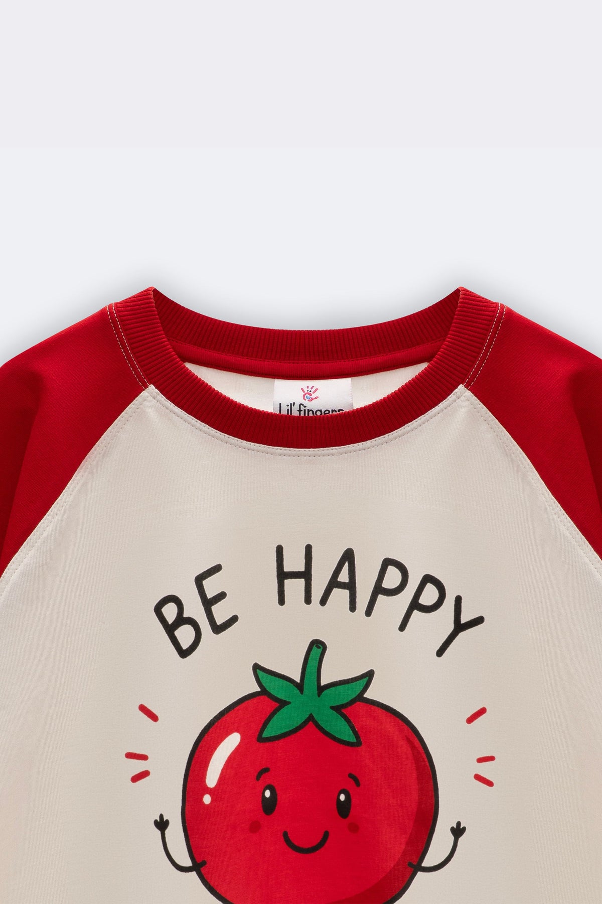 Cream raglan tee with red sleeves, tomato face and 'BE HAPPY' text