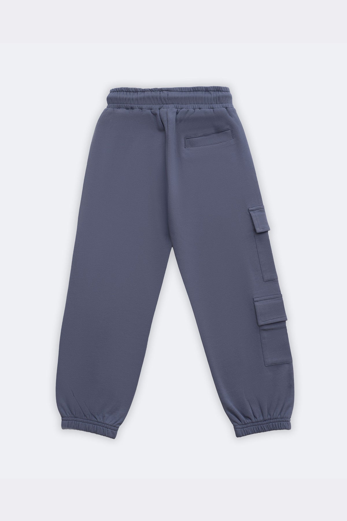 Denim blue track pants with drawstring waistband and side cargo patch pockets