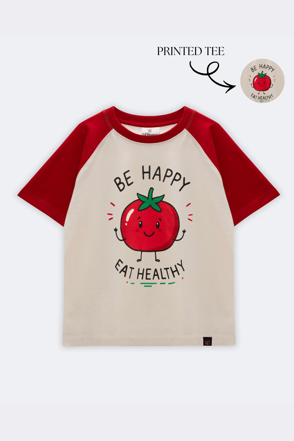 Red-and-cream raglan tee with tomato graphic and 'BE HAPPY EAT HEALTHY'