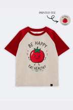 Red-and-cream raglan tee with tomato graphic and 'BE HAPPY EAT HEALTHY'