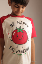 Cream raglan tee with red sleeves, 'BE HAPPY' tomato graphic and 'EAT HEALTHY'