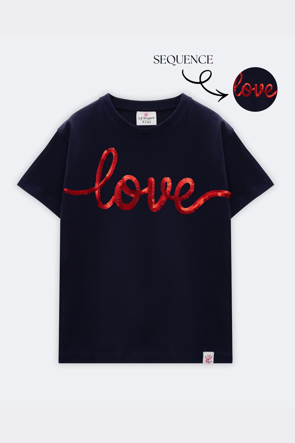 Navy short-sleeve crewneck T-shirt with red 'love' graphic