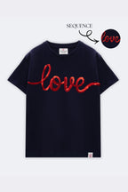 Navy short-sleeve crewneck T-shirt with red 'love' graphic