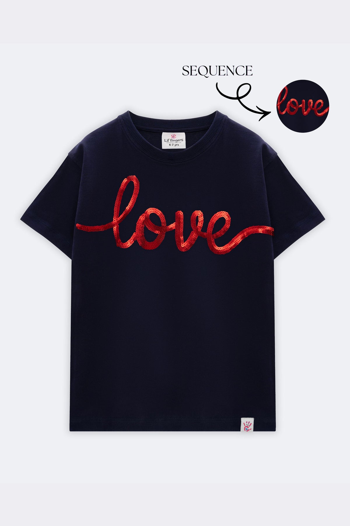 Navy short-sleeve crewneck T-shirt with red 'love' graphic
