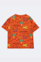 Orange kids all-over print comfort tee with playful animals and game icons