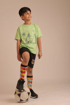 Lime green kids comfort tee with small jungle animal print on the chest