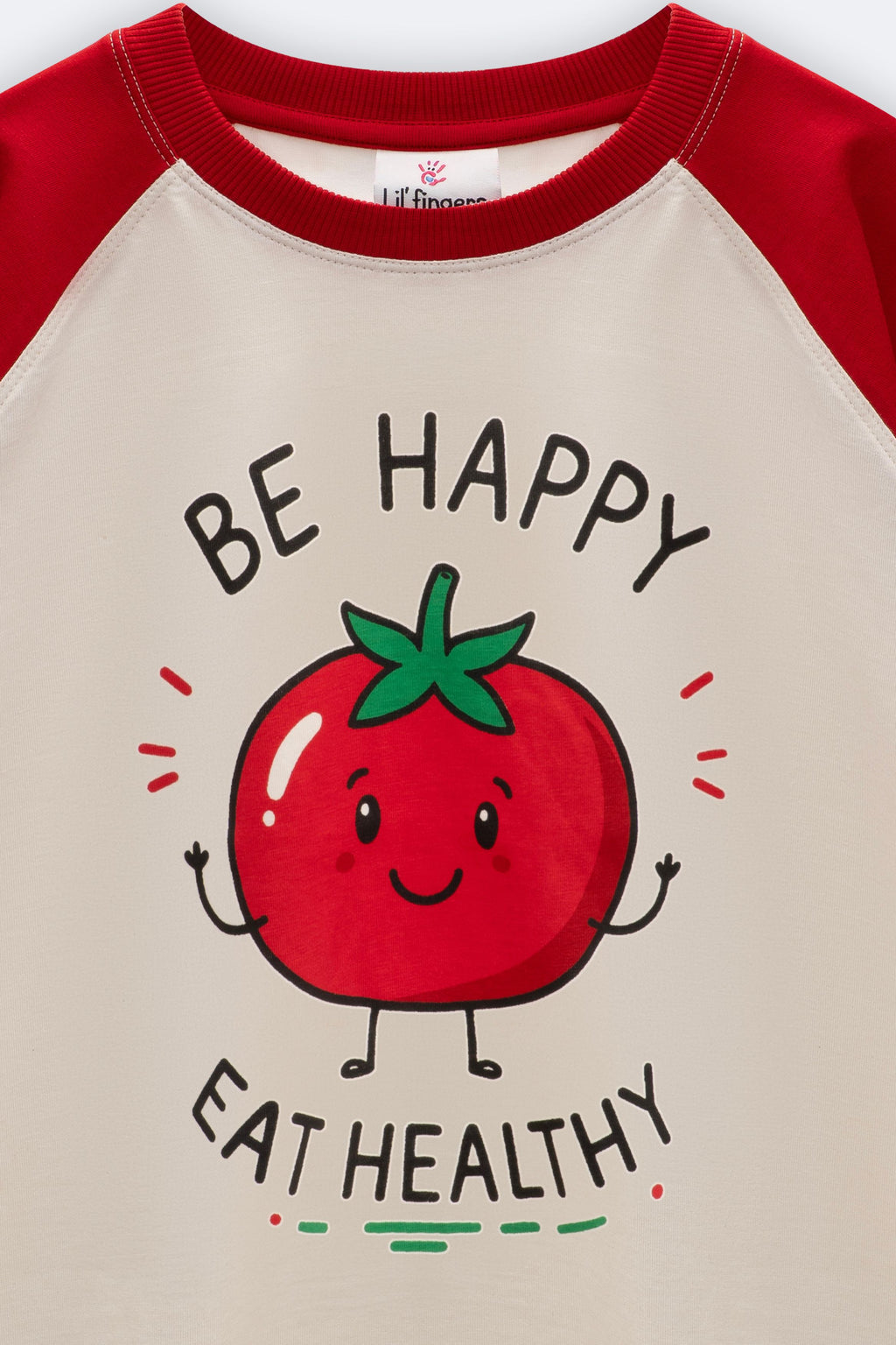 Cream raglan tee with red sleeves, tomato character and text 'BE HAPPY EAT HEALTHY'