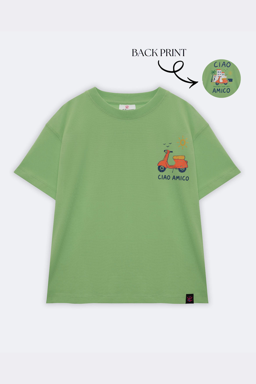 Green kids tee back view with small scooter “CIAO AMICO” print