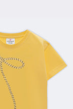 Yellow tee with partial beaded bow embroidery on front, short sleeves