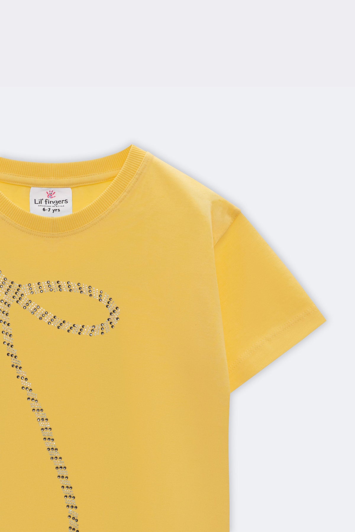 Yellow tee with partial beaded bow embroidery on front, short sleeves