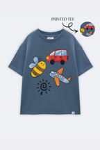 Blue comfort tee with centered crayon-style van, bee, plane and sun graphic