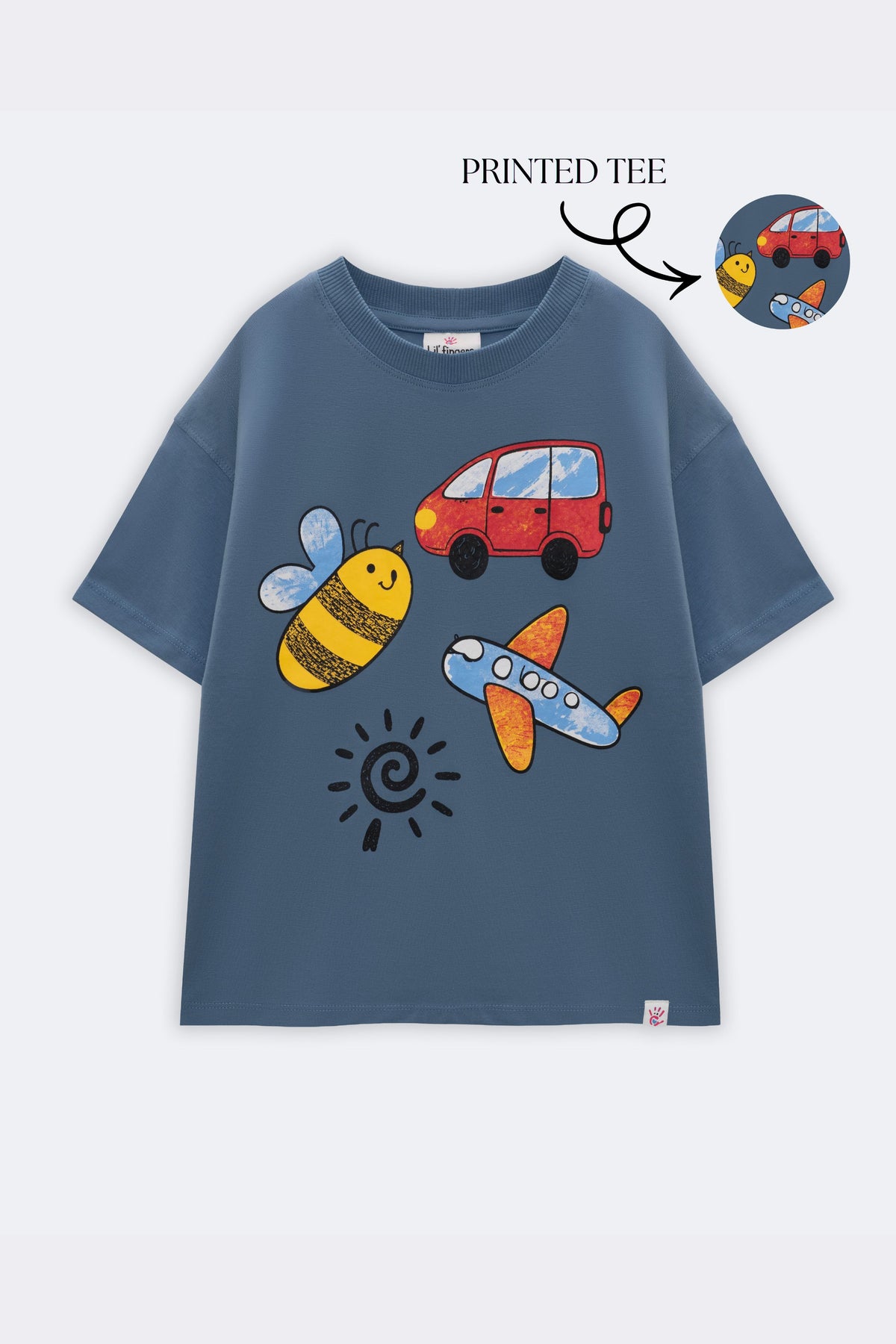 Blue comfort tee with centered crayon-style van, bee, plane and sun graphic