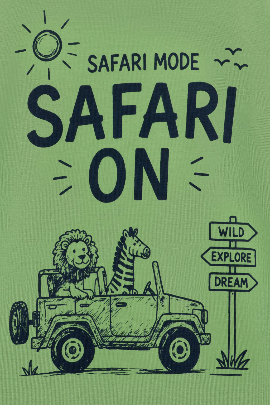 Lime green kids comfort tee with "SAFARI ON" text and safari truck graphic