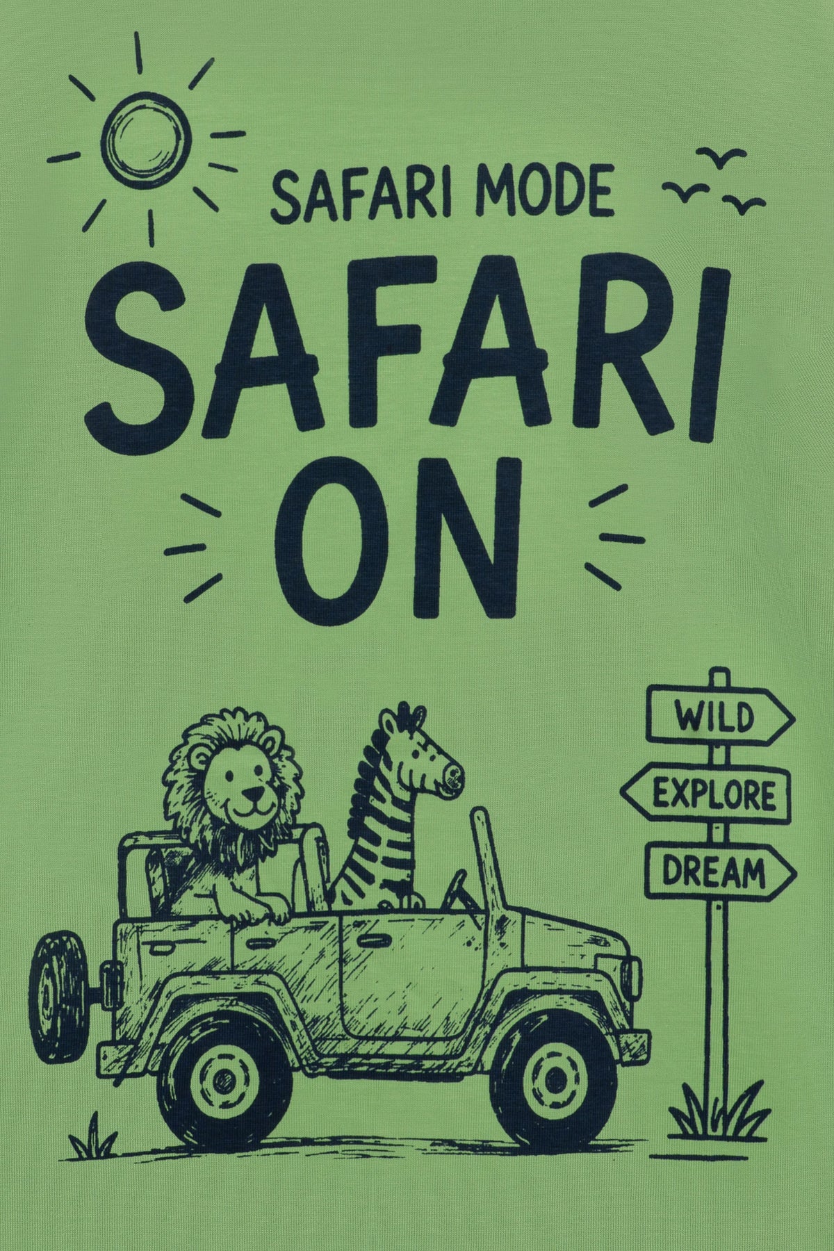 Lime green kids comfort tee with "SAFARI ON" text and safari truck graphic