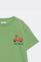 Green kids tee sleeve/side with scooter and “CIAO AMICO” chest graphic